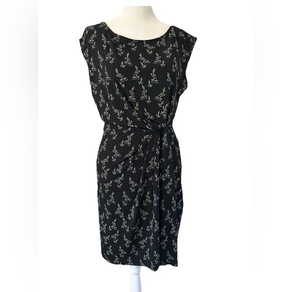 LOFT Black Floral Gathered Waist Sleeveless Faux Wrap Dress Sz S - Picture 1 of 9